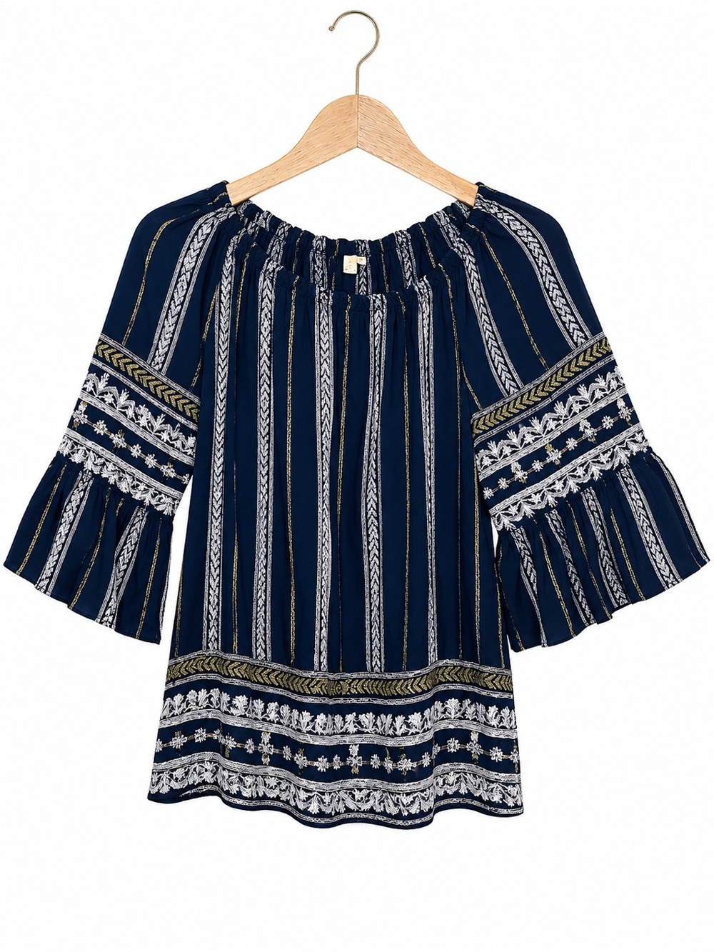 Boho Navy Blue Peasant Blouse Women's Off-the-Shoulder Bell Sleeve Top - Picture 2 of 12